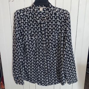 White House Black Market Button Down Blouse Black White Size 14